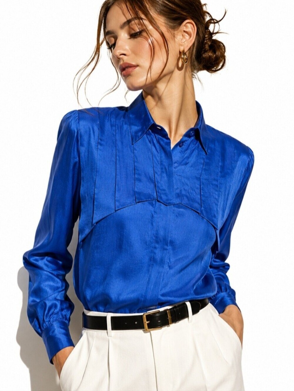 Francesca of Damon 100% Silk Royal Blue Pleated Blouse Vintage 80s Size 6